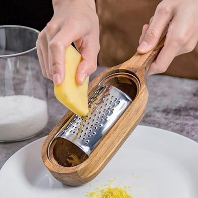 Stainless Steel Cheese Grater Box Long Handle Wood Grater Removable Acacia Wood Collector Shredder Cheese Tool
