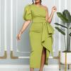 Damen Sommerkleid im Taillen-Taillen-Stil, Blasenärmel, schräge Schulter, Partykleid mit Schlitz