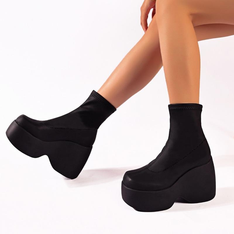 Dames Platform Laarzen met Brede Wijdte, Stretch Slanke Enkellaarsjes, Waterdichte Mode Booties met Blokhak