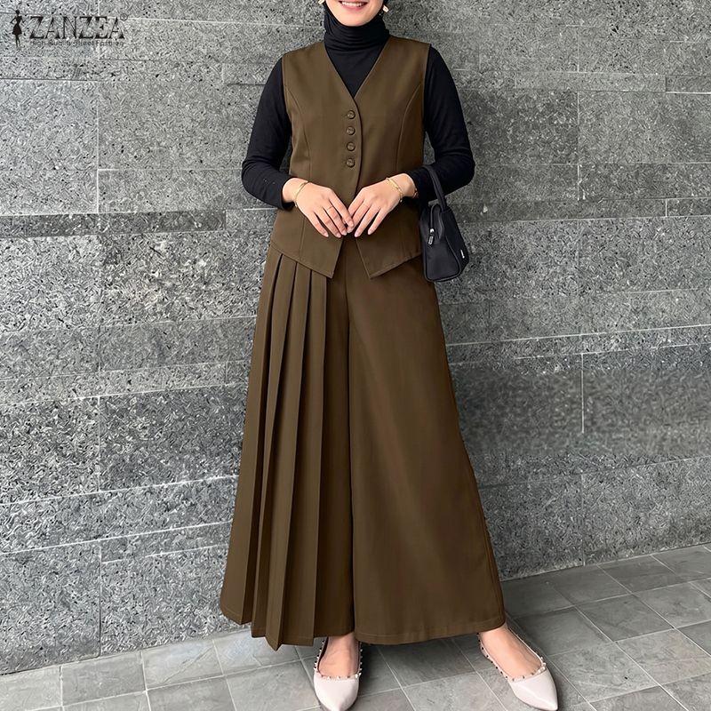 ZANZEA Women Sleeveless Vest Tops and Wide Leg Pants Casual Two Piece Sets