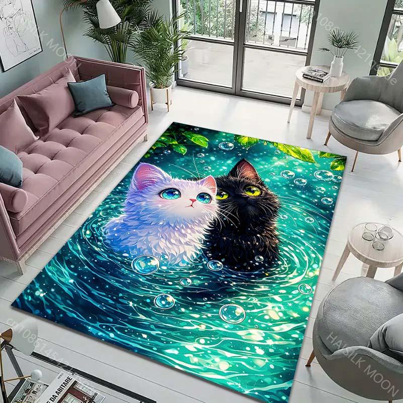 Mehrere Größen Zwei niedliche Katzen im Wasser Druck Teppich für Wohnzimmer Schlafzimmer Sofa Fußmatte Heimdekoration Rutschfeste Bodenmatte