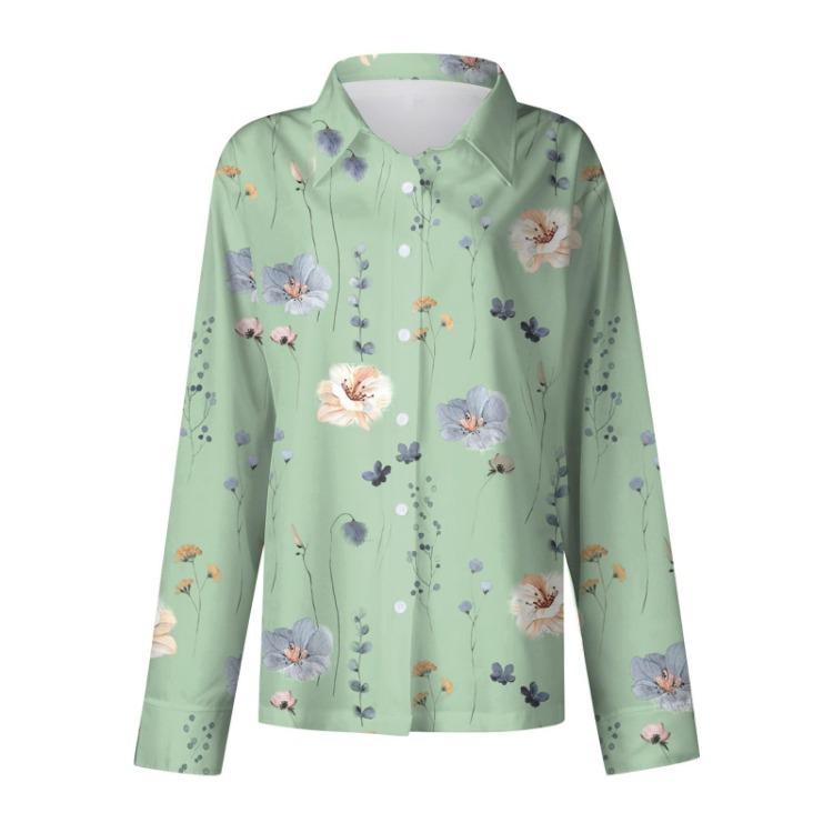 Dame Blomstermønstret Langermet Knappedun Bluse Casual Skjorte Krage Topp Basisplagg