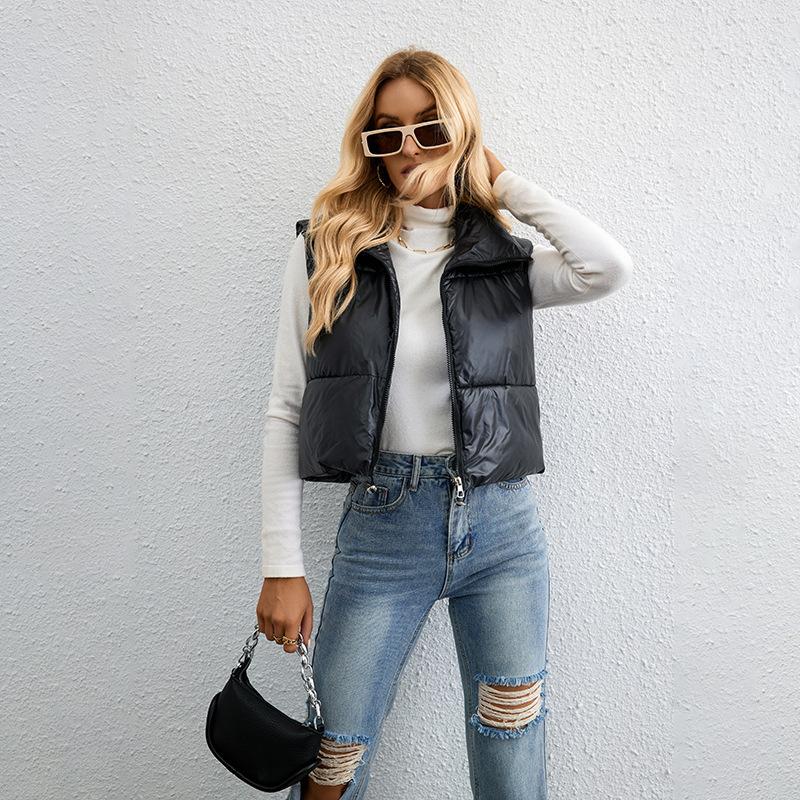 Weste Damen Herbst und Winter, einfarbig, Kordelzug, Stehkragen, winddicht, warm, Weste, ärmellose Jacke