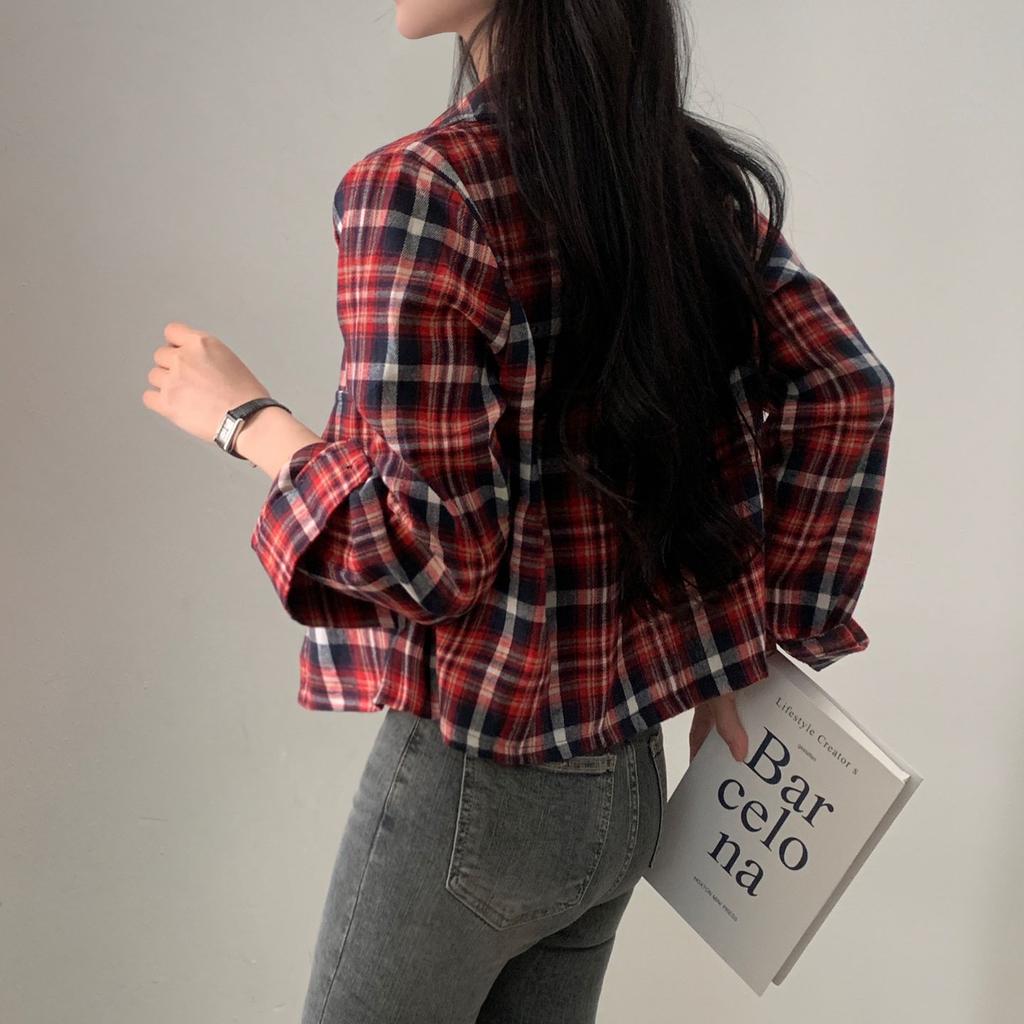 Korean Chic Autumn Short Long Sleeved Checkered Shirt for Women