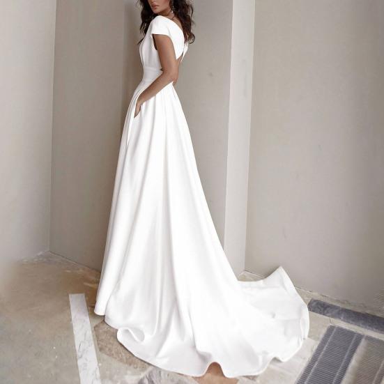 Floor-Length Dress V-neck Party White High Waist Side Split With Pockets for Banquet Elegant