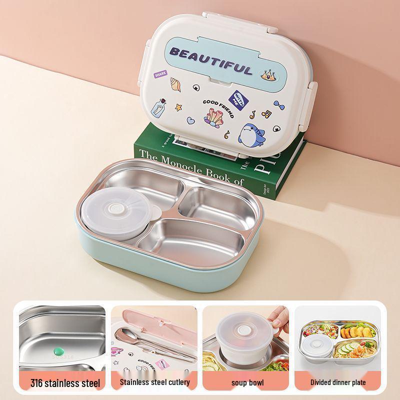 Children's Cartoon DIY Flip-Top 316 Stainless Steel Microwaveable Bento Lunch Box with Food Separation.