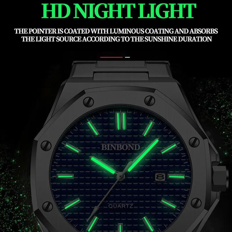 BINBOND Top Brand Business Men Quartz Watches Stainless Steel Calendar Waterproof Luxury Luminous Multifunctional Men Wristwatch