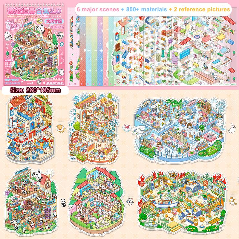 New 1Set Plus Size Cartoon Scenes Book Landscape Sticker DIY Toy Game Books 3D Sticker Cabin Scene Pocket Festival Birthday Gift
