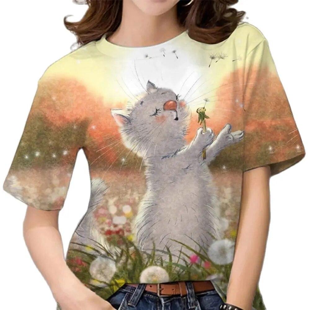 Women's 3D Cat Pattern Summer T-shirt Kawai Short Sleeve Top Fashion Animal T-shirt Large Designer Casual Wear