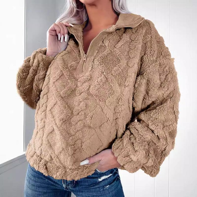 New Autumn Winter Simple Solid Color Half Zipper Stand Collar Loose Plush Pullover