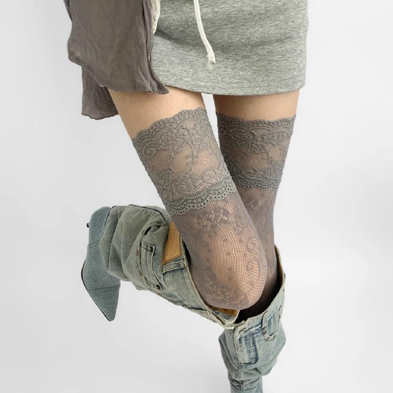 2025 Women Flower Lace Fishnet Thigh High Stockings Japanese Style JK Girl Sweet Lace Trim Frilly Over Knee Long Socks