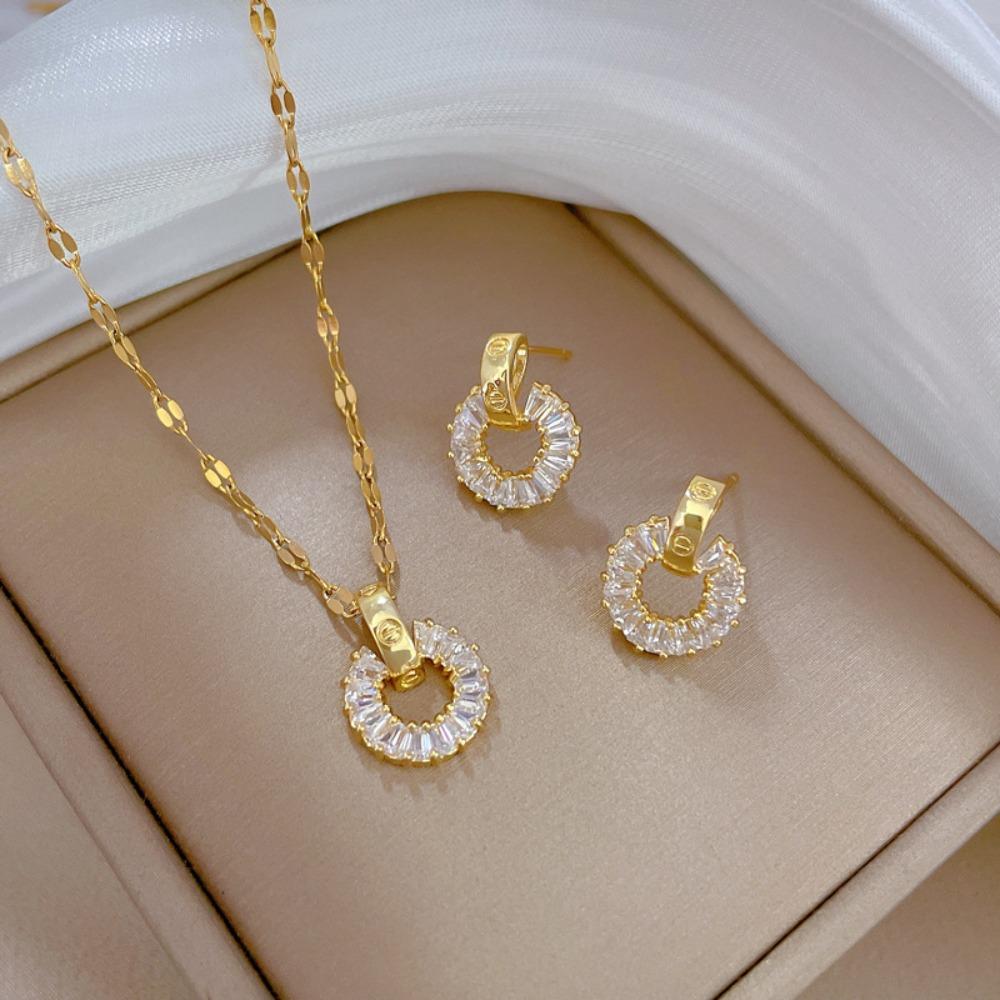 Modisches Elegantes Leichtluxuriöses Vollzirkon Exquisites Elementstil Kupfer Mikro-Inlay Ohrringe Halsketten Set