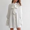 Europe, America, Women's Clothing, Satin Texture Streamer, White Lace-up Loose Shirt Skirt, Flared Sleeve Dress.