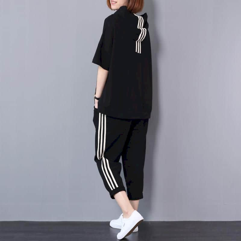 Women Casual Pants Sets Korean Fashion Loose Half Sleeve Striped Hooded T-shirt Tracksuit and Harem Pants Two Piece Set Women Outfits