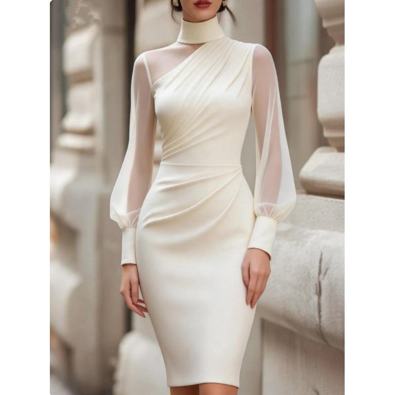 European and American Dinner Dresses, Mesh Stitching, Turtleneck Lantern Sleeves, Slim Hips, Women's Long Skirts
