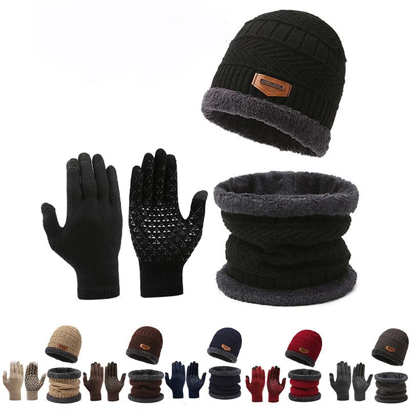 Suit Hat Men's Winter Scarf Gloves Three-piece Scarf Integrated Fleece Warm Winter Knitted Hat