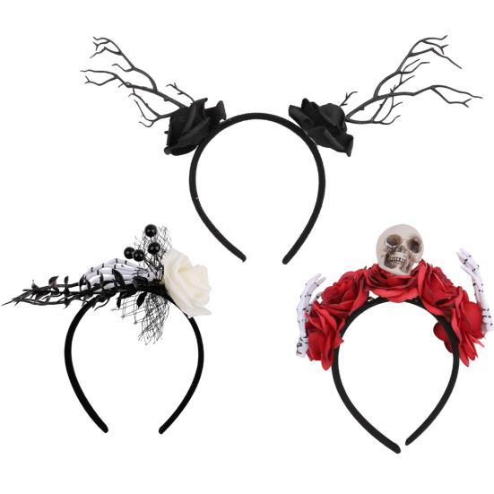 Halloween Flower Headband for Women Gothic Rose Skull Skeleton Hand Headpiece Floral