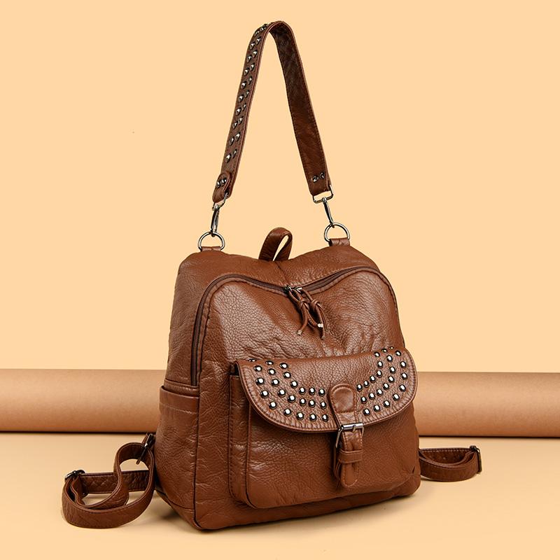 2025 Soft Leather Women Backpacks Rivet Multifunctional Shoulder Bags Female Retro Travel Teenage Girl Fashion Schoolbag