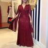 Damen Pailletten Ballkleid Lang Cape Ärmel Vorne Drehknoten Maxi Kleid Glitzerndes V-Ausschnitt Formell Abendparty Hochzeitskleid