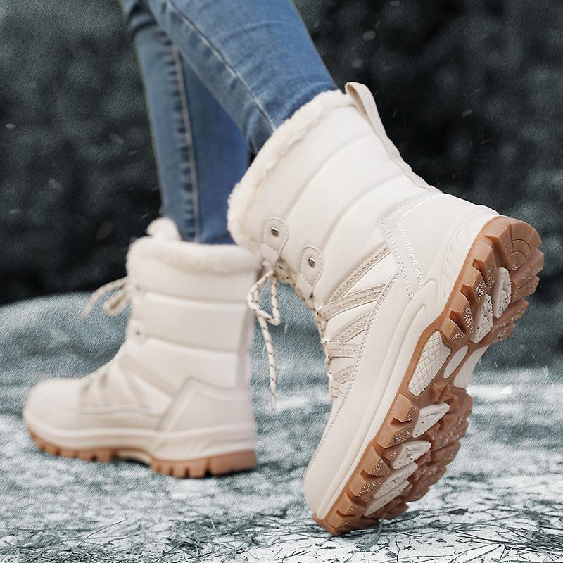 Winter Schneestiefel Damen Hoher Schaft Schnürung Plüsch Warm Weich Einfarbige Freizeitschuhe Damen Rutschfeste Wanderschuhe Damen