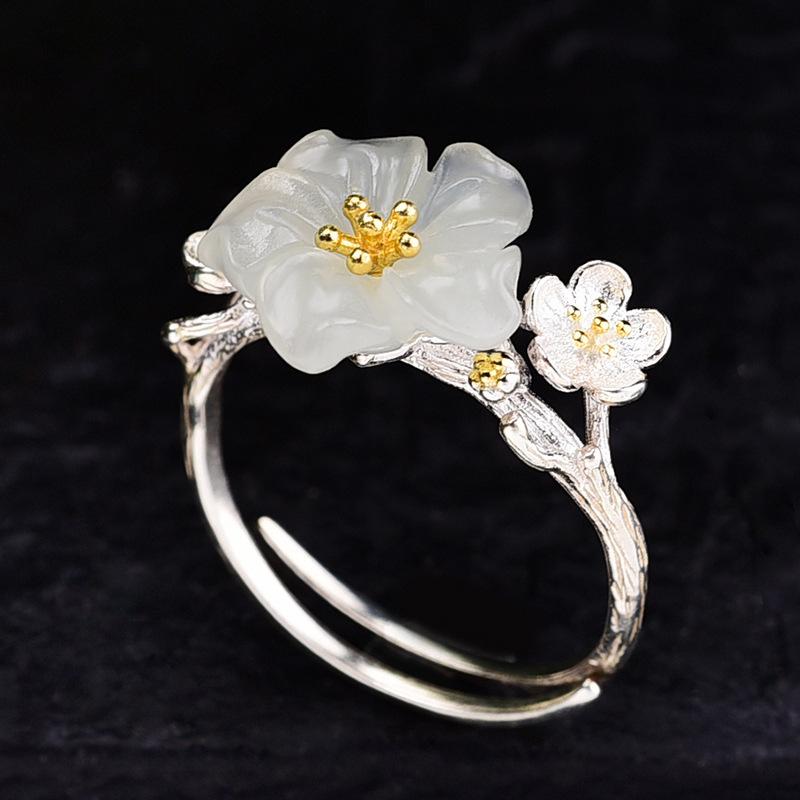Natural An Jade Plum Blossom Jewelry Sets Elegant And Luxurious Ring Earrings For Women   Wedding Accessories