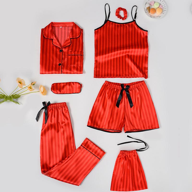 Four Seasons Wearable Children's Imitation Silk Striped Pajama Set - 7 Pieces