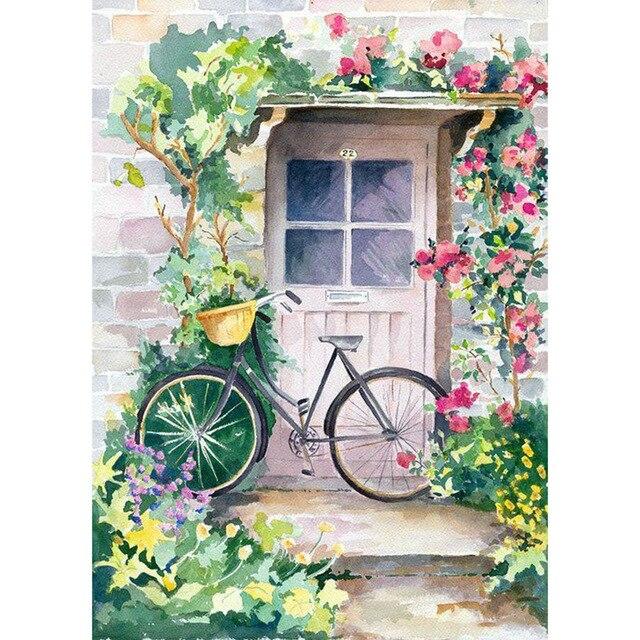 Landscape DIY 5D Diamond Painting Cross Stitch Kit Mosaic Beautiful Pink Flower Bicycle Diamond Embroidery Home Decoration Gift