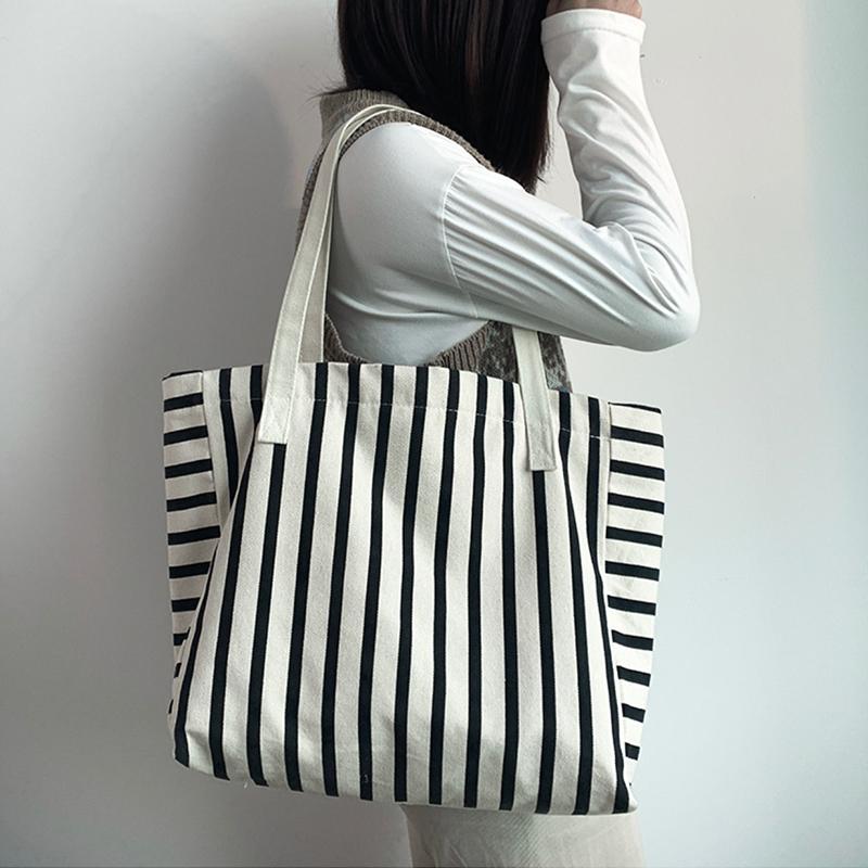 Summer Ladeis Striped Canvas Tote Handbag Retro Shopping Beach Simple Shoulder Bag Casual Vacation Commuter Bag CLE