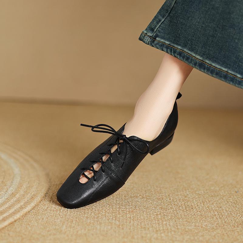 Fashion 2025 New Soft Genuine Leather Lace-up Women Heels Shoes Square Toe Comfortable Fashion Casual Low Heel Shoes Four Seasons Shoes