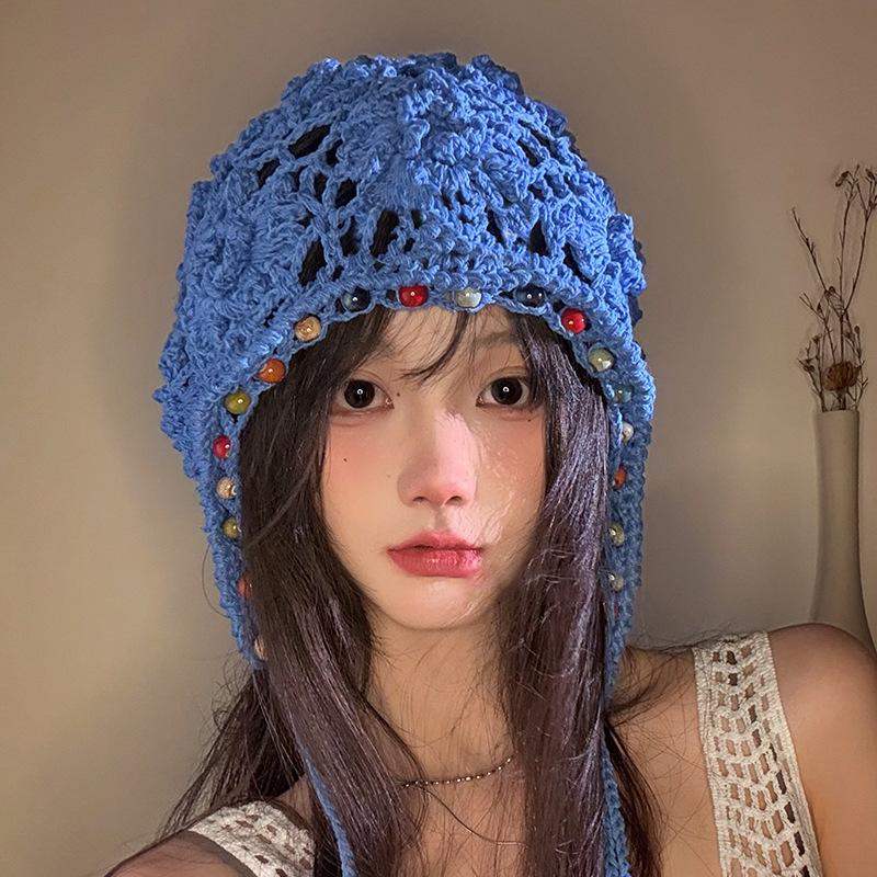 Ethnic Style Crochet Beaded Pullover Hat Children Summer And Autumn Fringed Strap Knitted Hat Retro Literary Hollow Head Hat