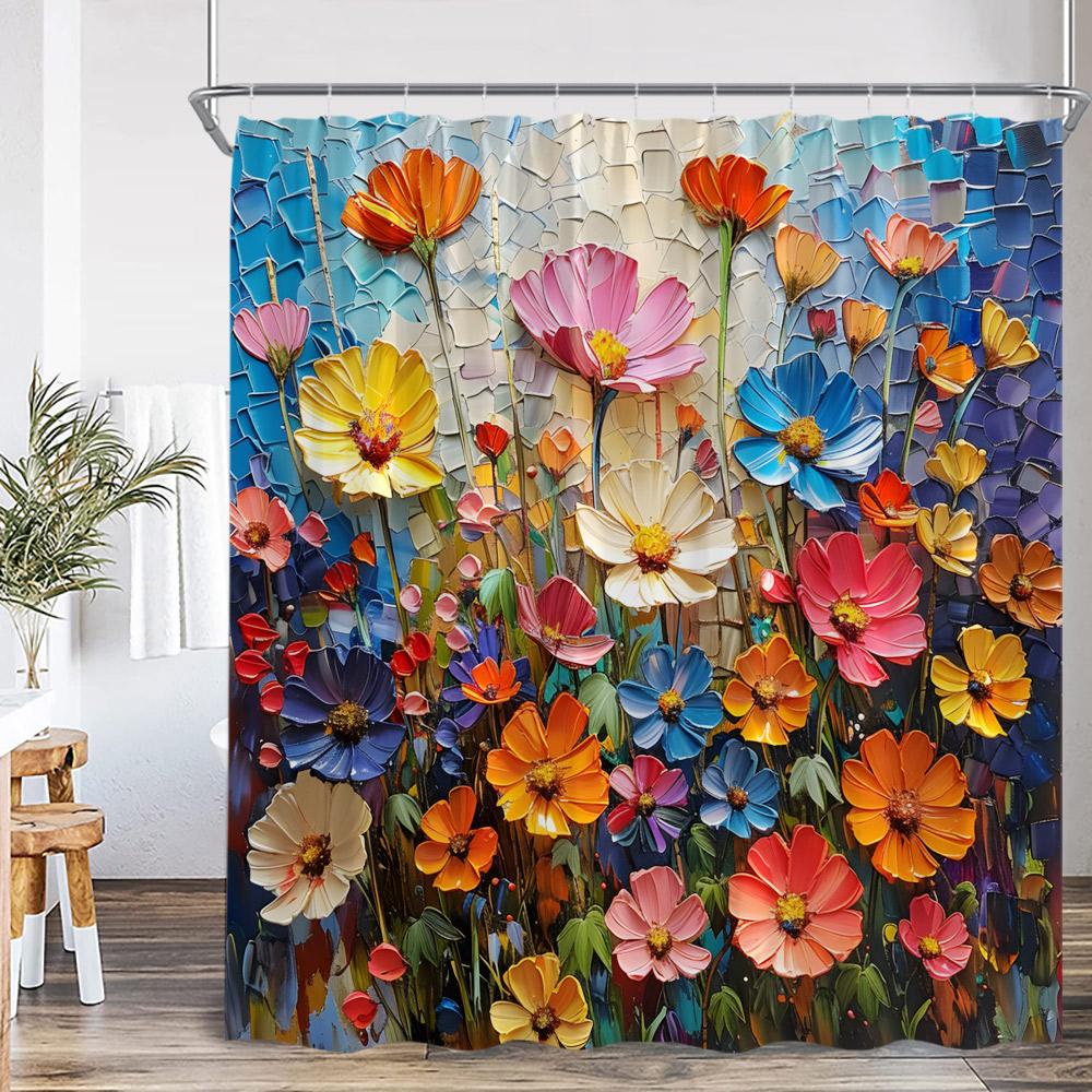 Blumen-Duschvorhang Bunter Blume Gänseblümchen Löwenzahn Mohnblume Blatt Kraut Pflanze Badezimmer-Dekor Ölgemälde Duschvorhang