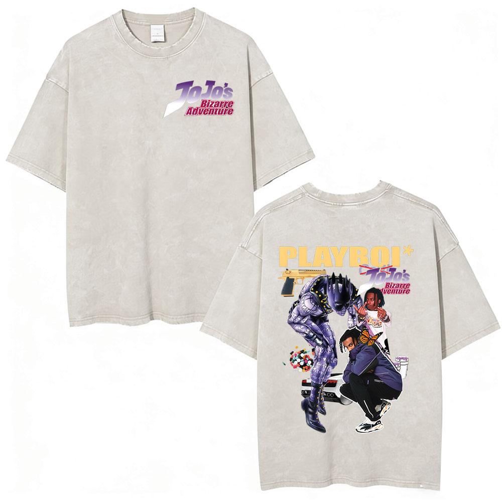 Anime Jojo Bizarre Adventure Manga Vintage Acid Washed T Shirt Men Women Casual Short Sleeves T-shirt Streetwear