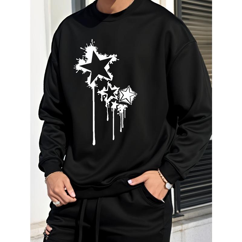 Men's Fashion Creative Design Simple Fluid Star Print Sport Casual Commuter Versatile Long Sleeve Crew Neck Sweatshirt
