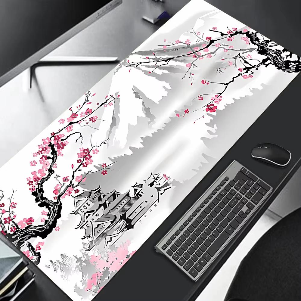 Chinese Ink Wash Landscape Large Gaming Mouse Pad Moon Ancient Pavilion Oriental Art Extended Desk Mat