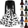Women V Neck Vintage Dress with Long Sleeves Halloween Printed A Line Midi Dress with Waist Belt for Casual Wear