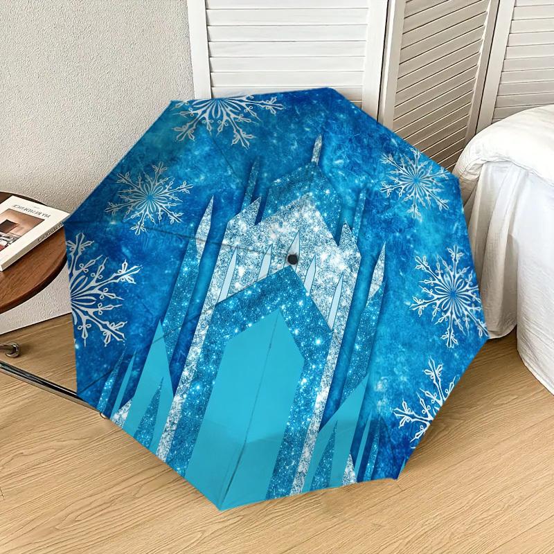 1pc Frozen Castle Snowflakes Automatic Folding Umbrella, Heavy Duty 8 Rib Iron Frame, Suitable for Travel, Daily Use, Birthday, Decor Gift M0104006