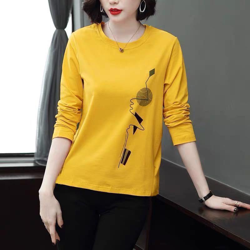 T-shirt morbide e solide, scollo tondo, stampa grafica, casual, con fondo pullover, autunno inverno, abbigliamento da donna, semplice da ufficio