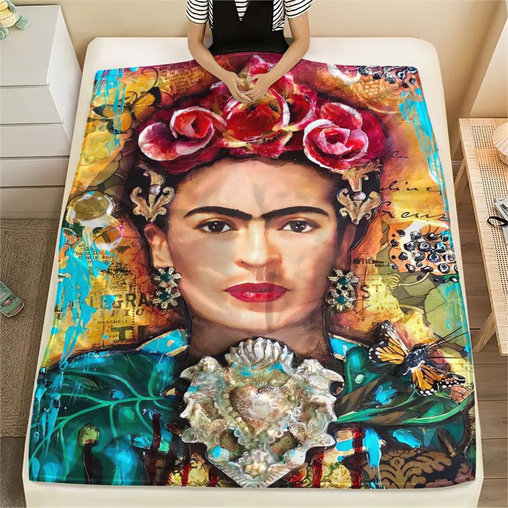 1Pc Frida Kahlo Print Flannel Blanket, High quality Comfortable for All Seasons, Home Decor, Warmth and Comfort, Perfect for Christmas Gifts