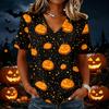 Womens Casual Short Sleeve Pullover Top V Neck Halloween Pumpkin Print Shirt Lightweight Comfortable Fit