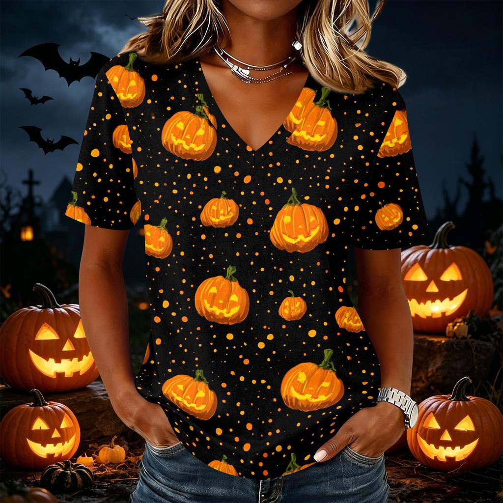 Womens Casual Short Sleeve Pullover Top V Neck Halloween Pumpkin Print Shirt Lightweight Comfortable Fit