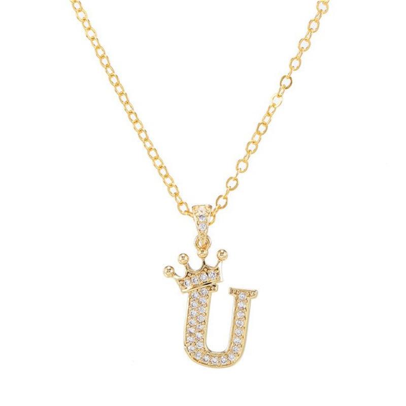 Unisex Fashion Crown A-Z Alphabet Pendant Vintage Chain Necklaces Hip-Hop Style Crystal Zircon Punk