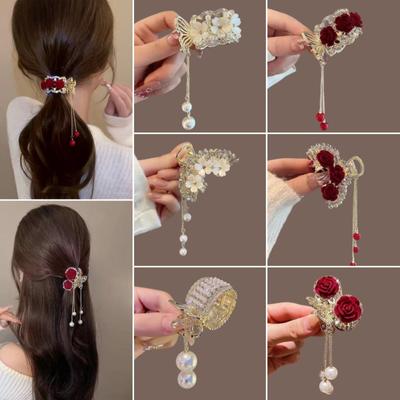 Red Rose, Pearl, Tassel, Small Claw Clip, Half Pierced Top Clip, High Ponytail Clip, White Lotus Claw Clip