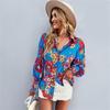 Primavera e Outono Manga Longa Tops Moda Manga Lanterna Estampada Camisa Feminina Plus Size