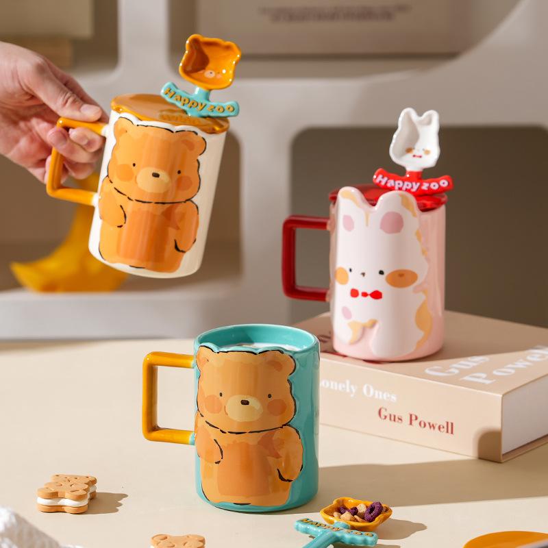 Little Bear Rabbit Cartoon Cute Ceramic Cup with Cover Spoon Home Set Small Present Cup Couple Mugs Durable Durable