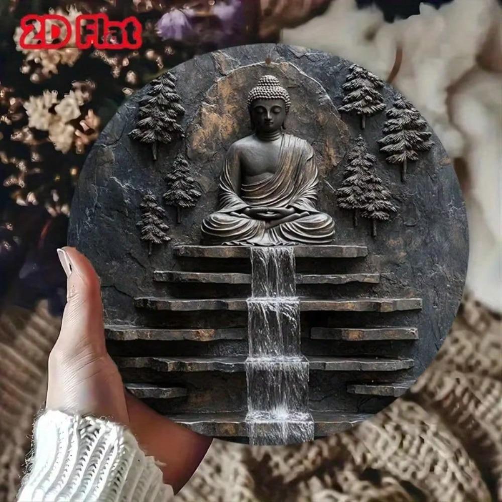 Art Mural Métallique Bouddha Méditation Vintage Moine Cascade Cour Jardin Décoration Panneau