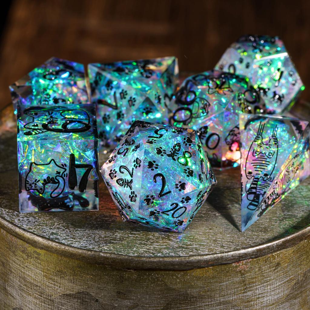Cusdie Kočičí Element D&D Kostky Ostré Hrany D4-D20 Roztomilé Kočičí Drápky Vzor Ryby Ručně Vyráběné Polyhedrické Kostky pro RPG Stolní Hry