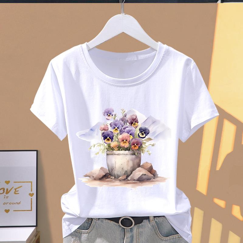(Asian Size) Graphic Tee T Clothing Casual Fashion Trend Flower Cute 90s Print Female Casual Women's Top Lady Short Sleeve T-shirt