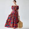 Robe d'été Bohème en Coton-Soie Imprimé Floral Décolleté Bardot Style Français pour Femmes Style Ethnique Ceinture Élastique Robe Longue Plissée