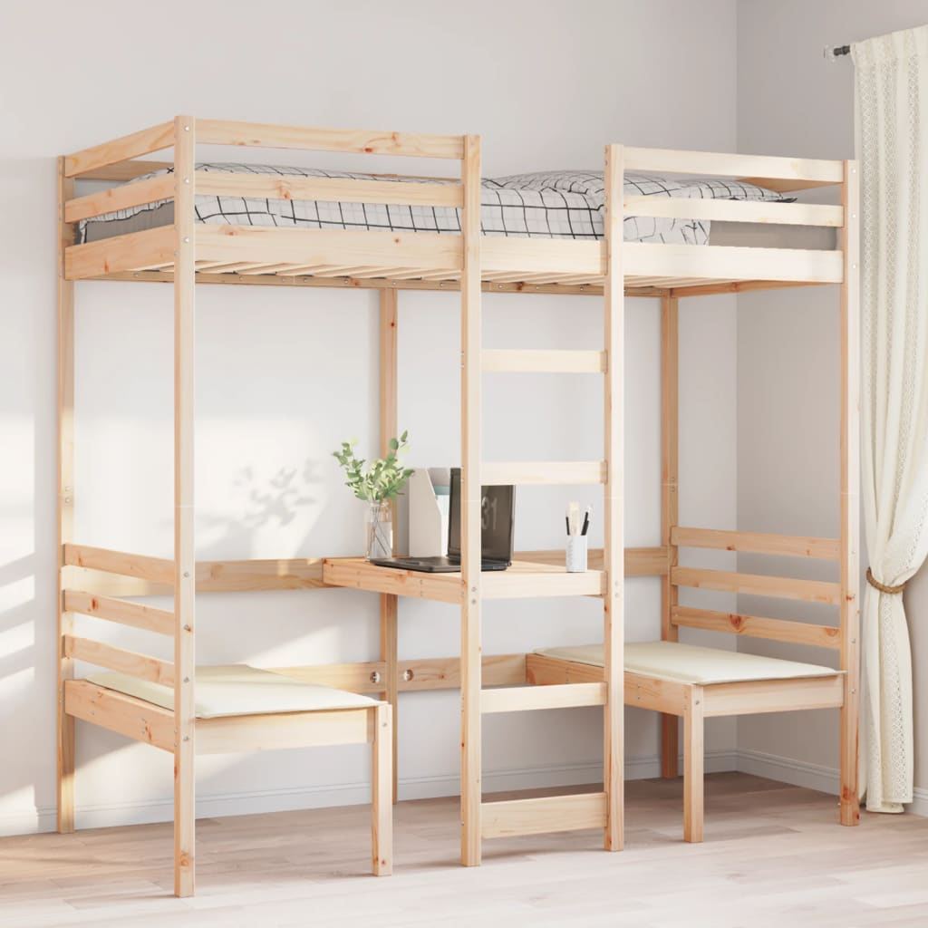 Vidaxl Loft Bed, With Desk And Chairs, 75X190 Cm, Pine