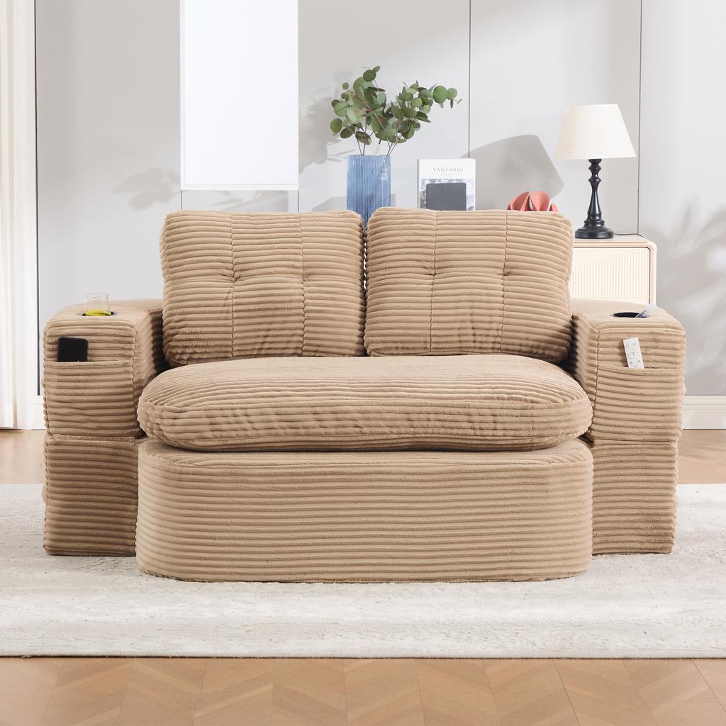 2-in-1 Slaapstoel Gemaakt van Ribfluweel, Bankbed, met Verstelbare Armleuningen, 2 Bekerhouders, Hoge Rugleuning en Extra Diepe Zitting, Kaki